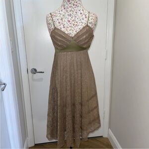 Betsey Johnson Tan & Gold Lace Lined dress Empire Waist Pleated Skirt Size 2